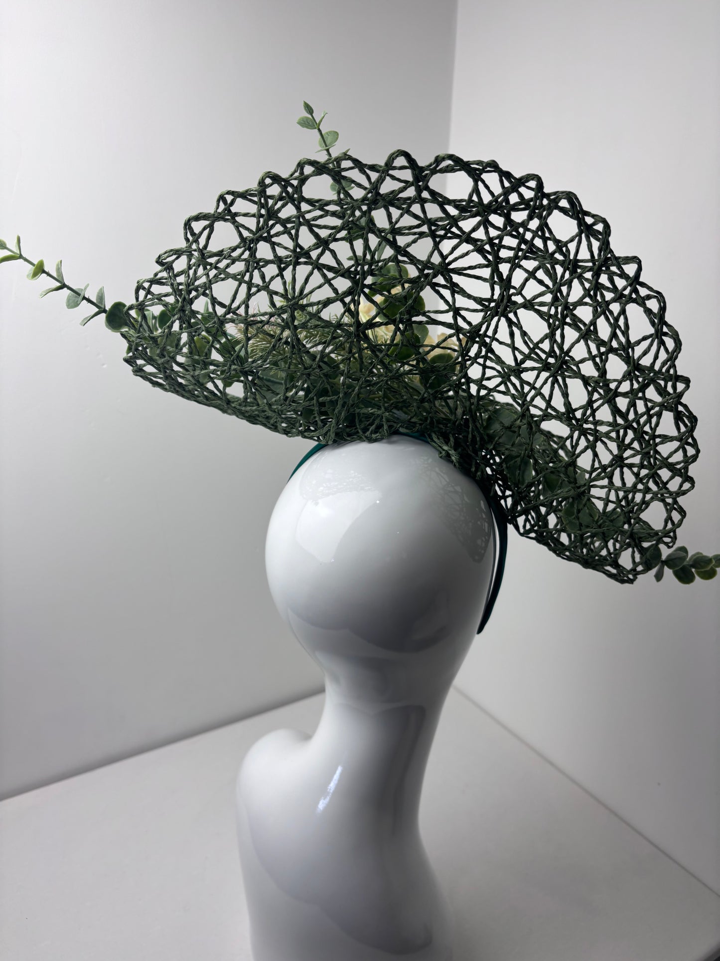 Bespoke Botanical Elegance Statement Green Fascinator
