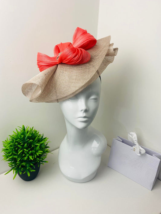 Bespoke Coral & Mink Sinamay Fascinator