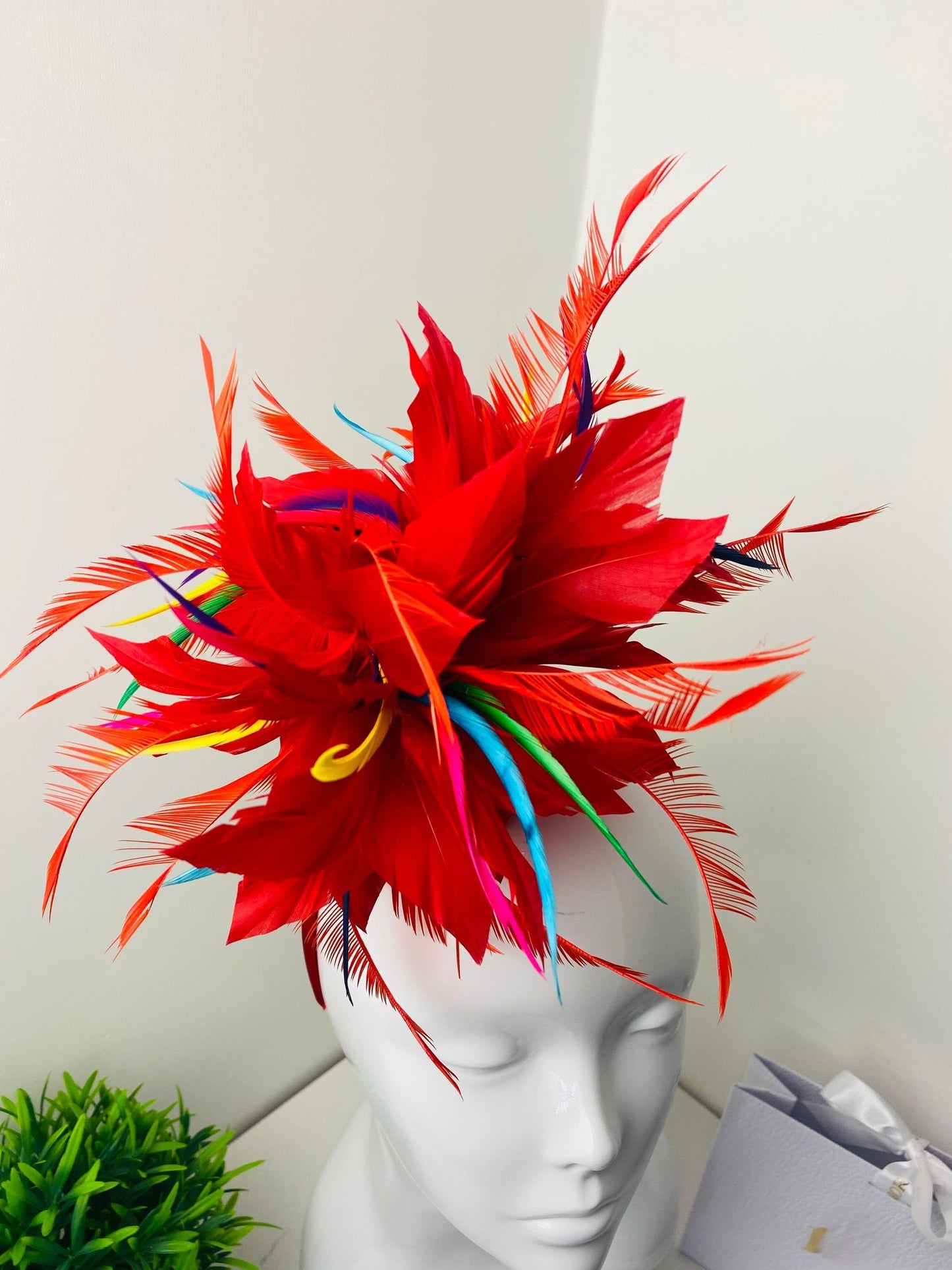 Bespoke Red Rainbow Plume Feather Fascinator