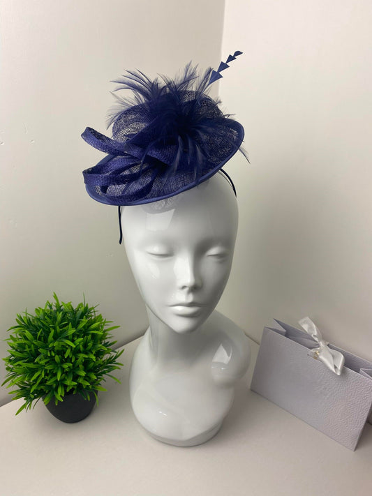 Small Navy Disc Feather Fascinator