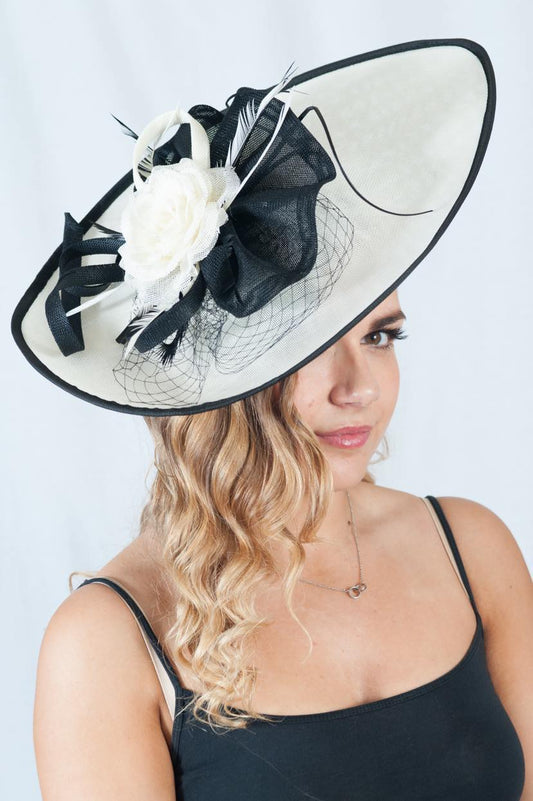 Large Oversize Cream & Back Floral Feather Fascinator