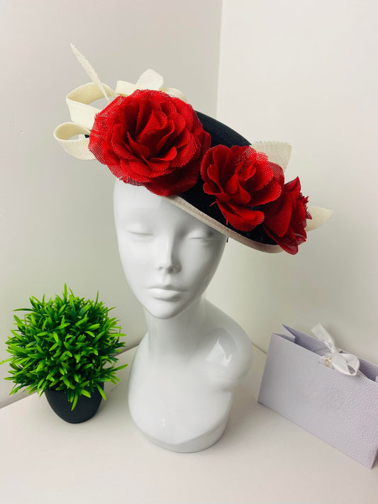 Floral Rose Structured Black & Red Fascinator
