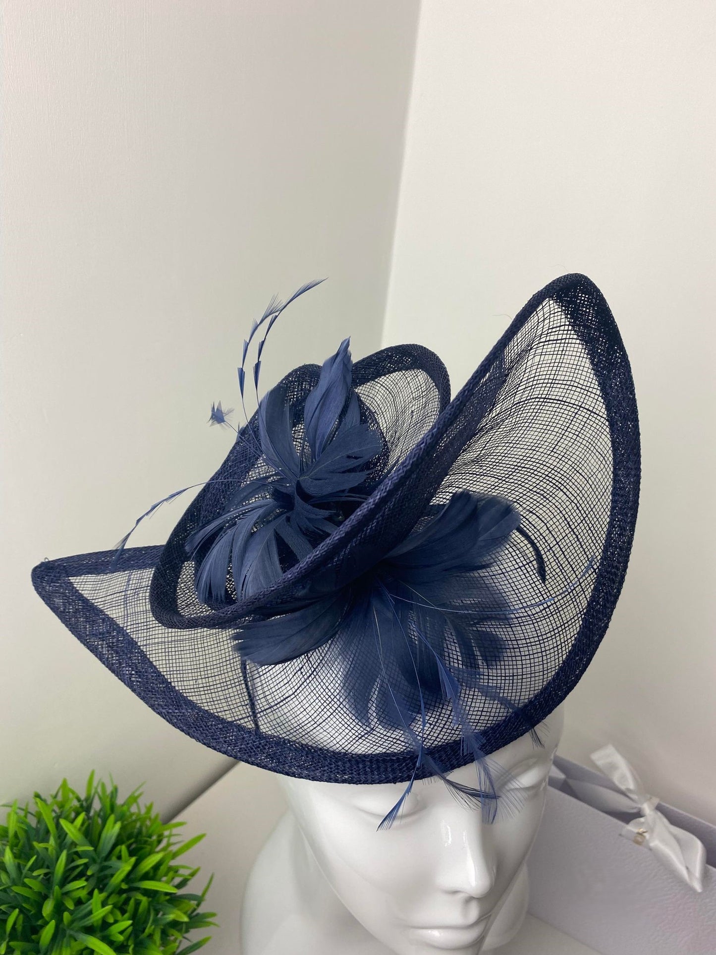 Navy Sinamay Floral Feather Fascinator
