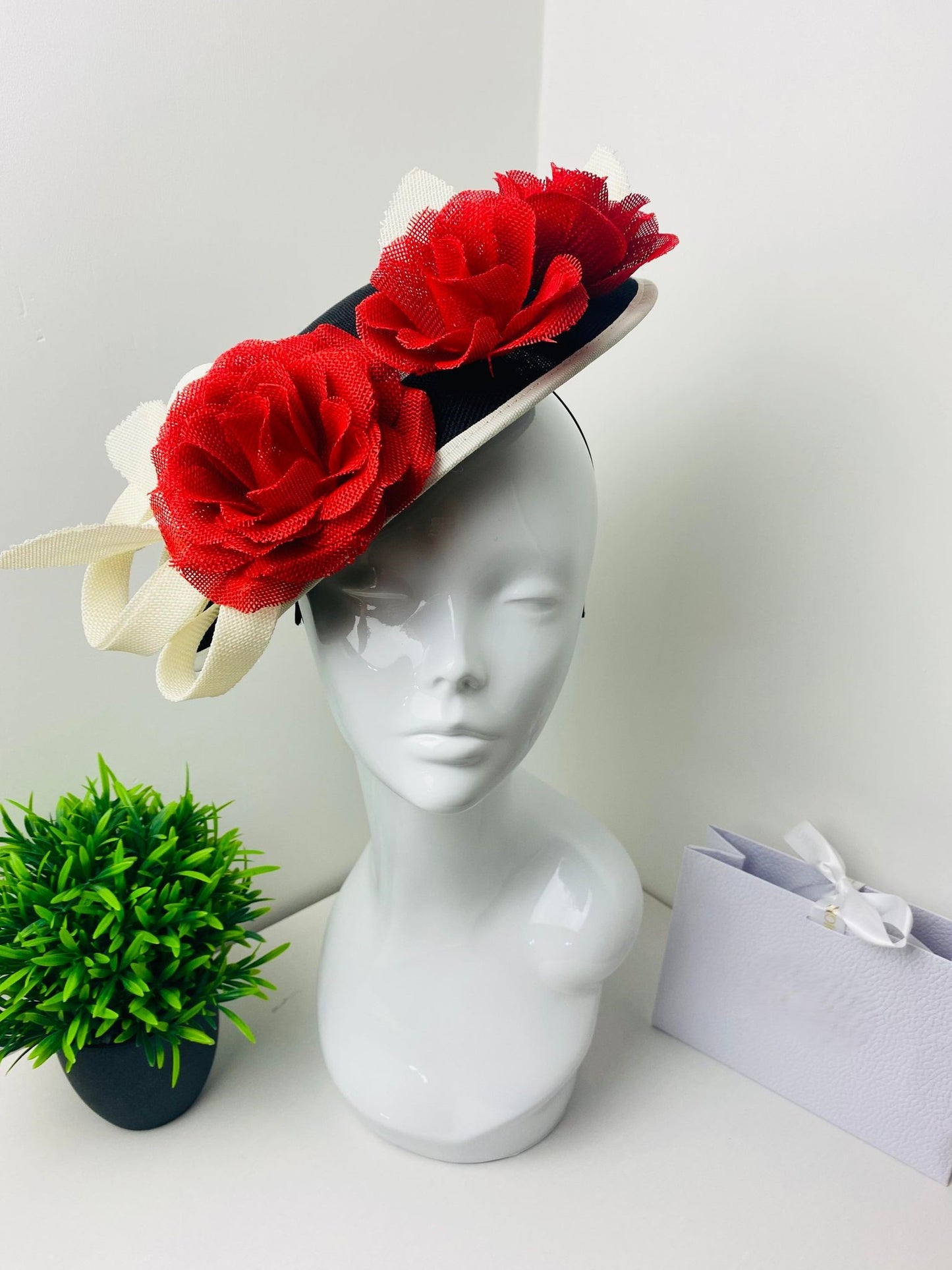 Floral Rose Structured Black & Red Fascinator