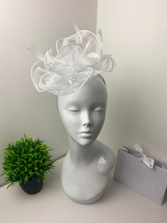 Bright White Tulle Feather Fascinator