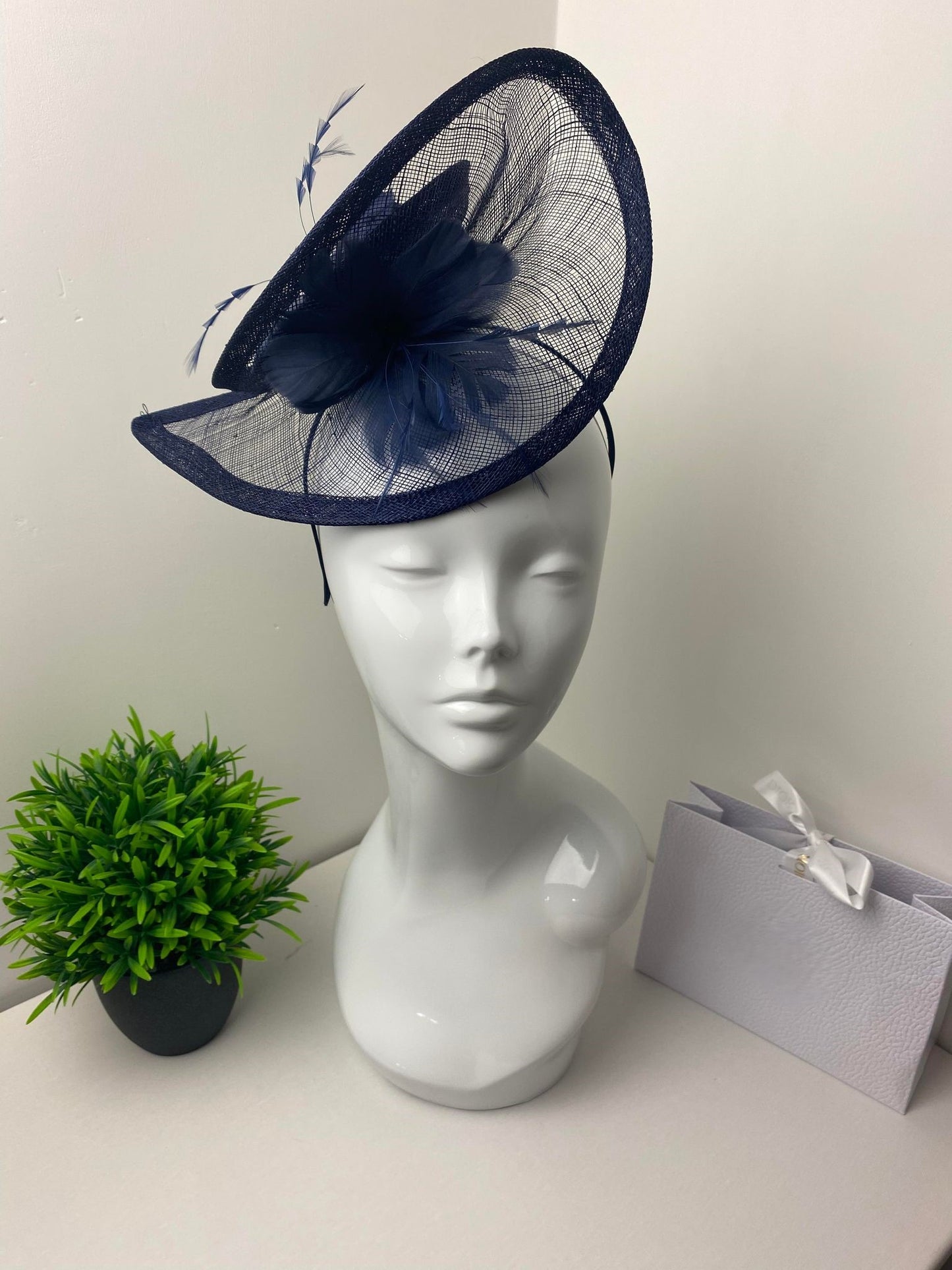 Navy Sinamay Floral Feather Fascinator