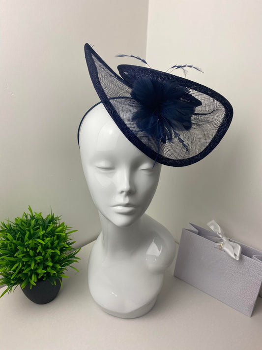 Navy Sinamay Floral Feather Fascinator