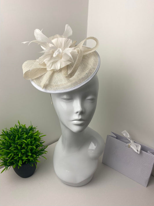 White & Ivory Floral Sinamay Disc Fascinator