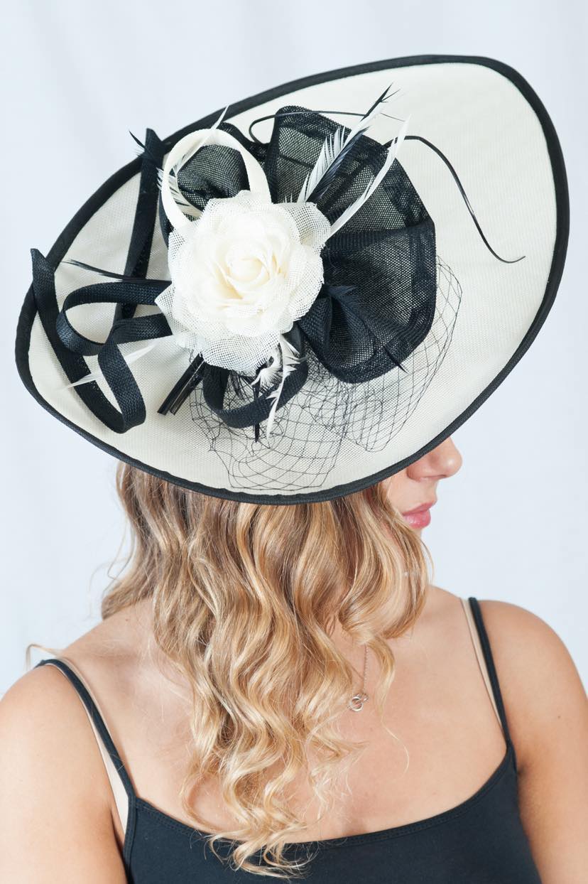 Large Oversize Cream & Back Floral Feather Fascinator