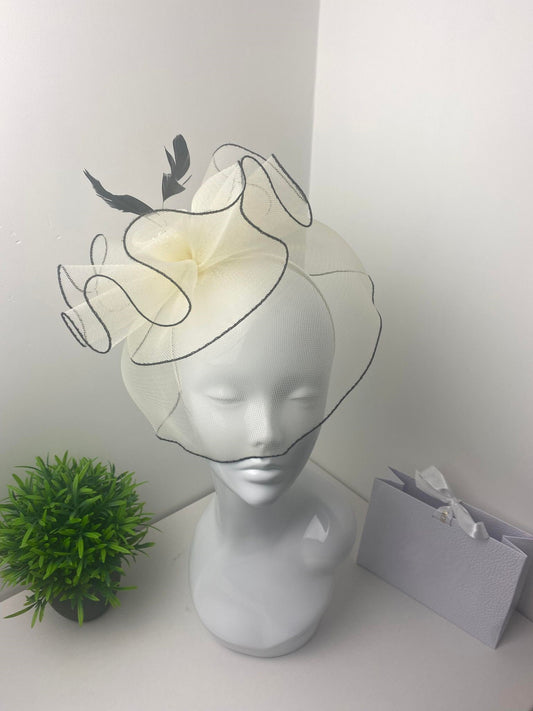 Cream and Black Floral Veil Fascinator