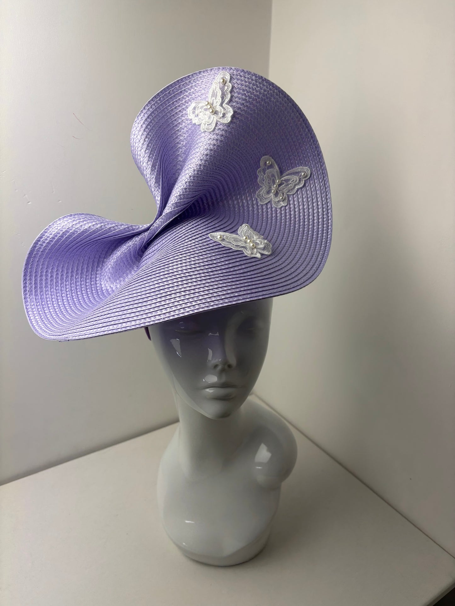 Bespoke Lilac Pearl Butterfly Sculptural Occasion Hatinator