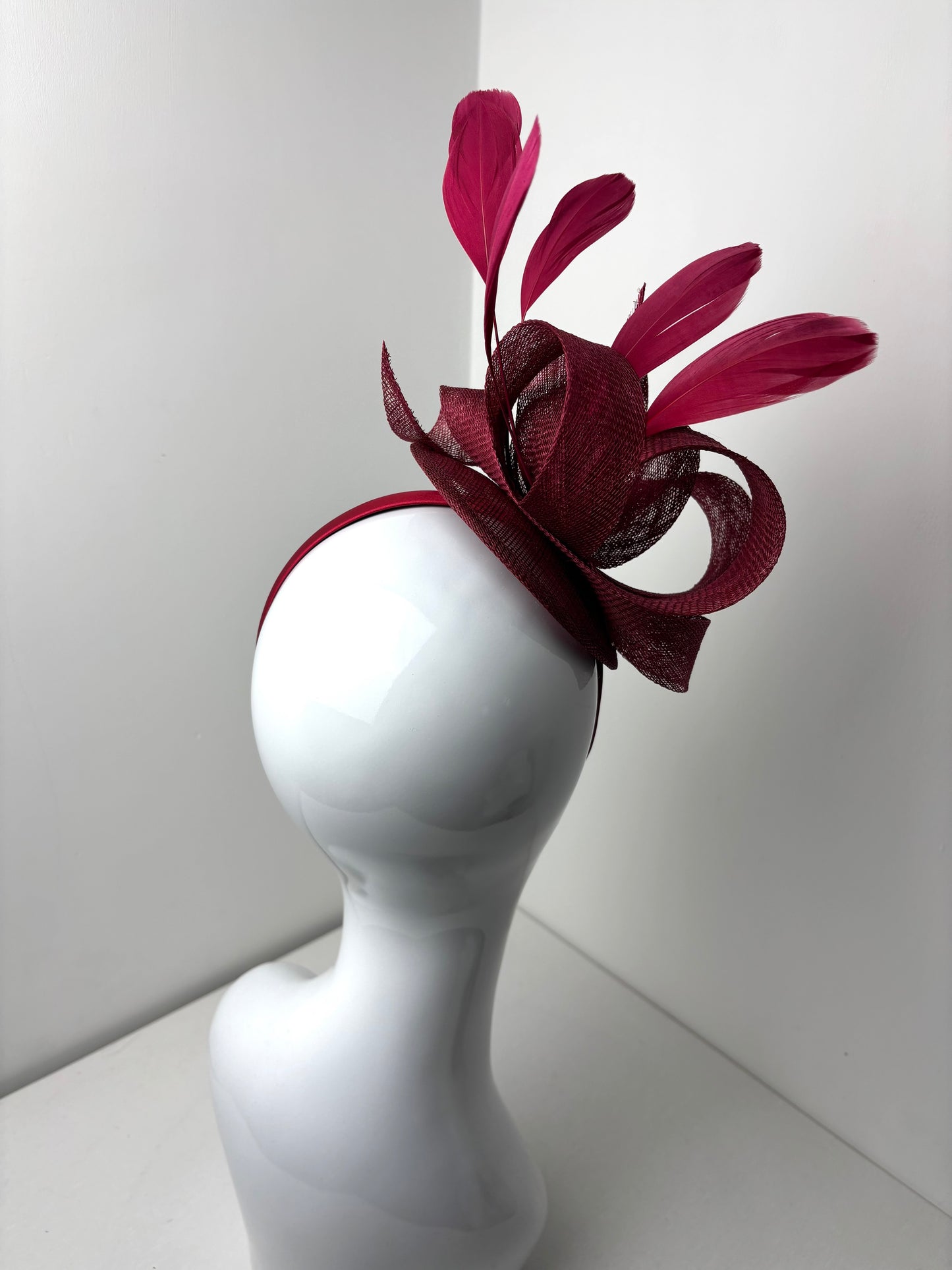 Bespoke Burgundy Sinamay Feather Fascinator