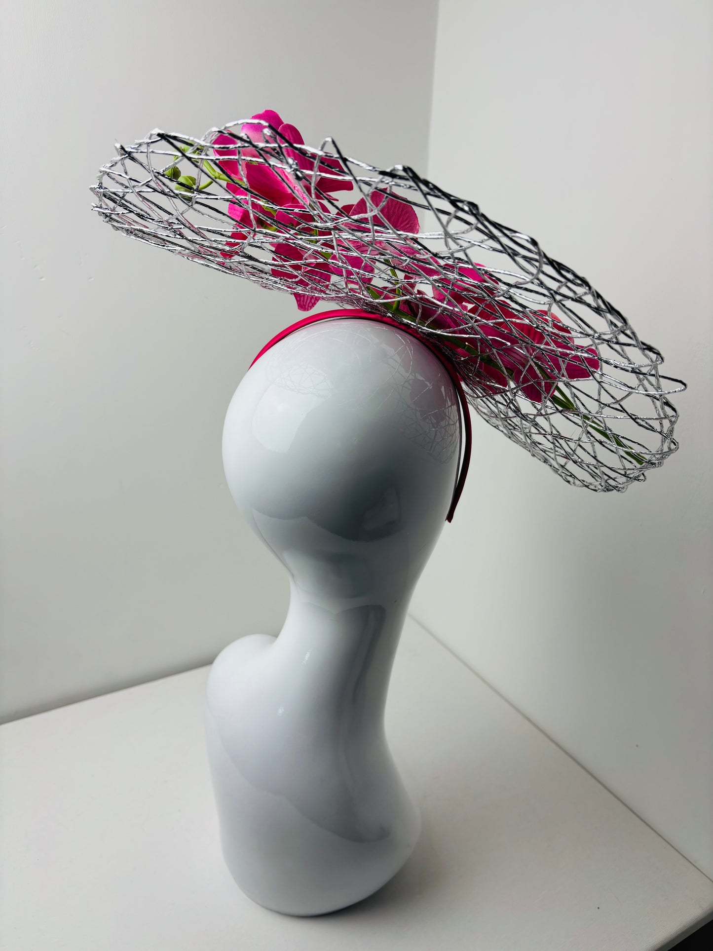 Fuchsia Orchid Halo Fascinator on Pink Satin Headband