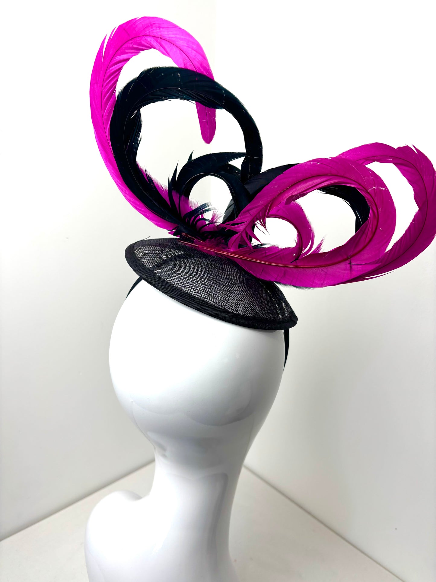 Bespoke Pink & Black Feather Percher Fascinator