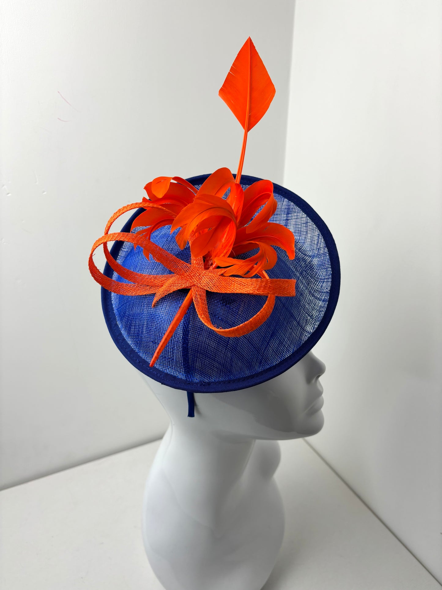 Bespoke Royal Blue & Bright Orange Statement Fascinator with Arrowhead Quill