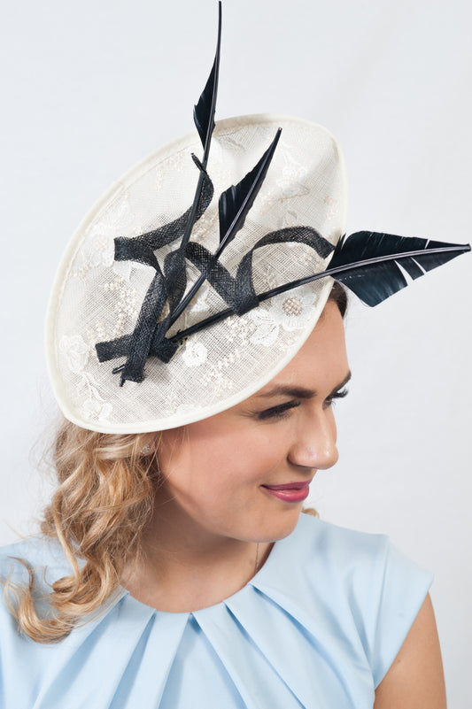 Intricate Embroidered Cream & Black Fascinator