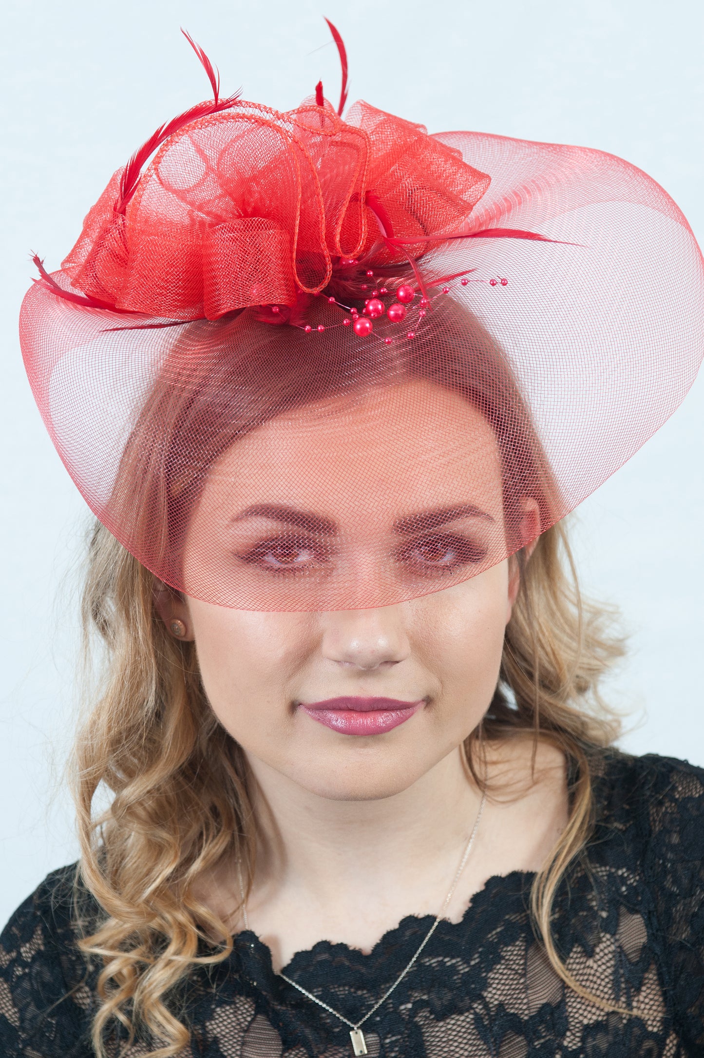 Bright Red Veil Clip Fascinator