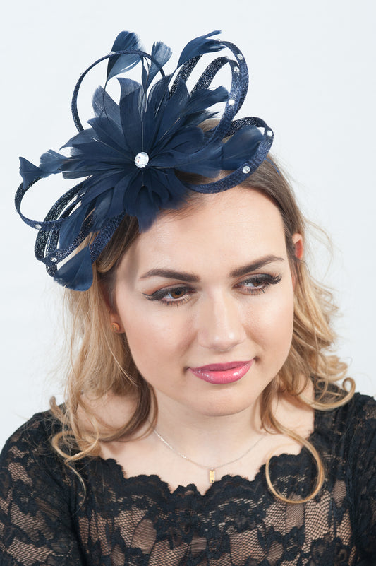 Diamante Loop Bow Navy Blue Fascinator