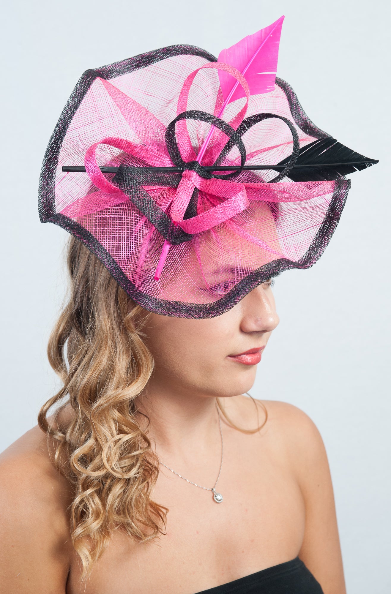 Ruffled Arrow Quill Pink & Black Fascinator