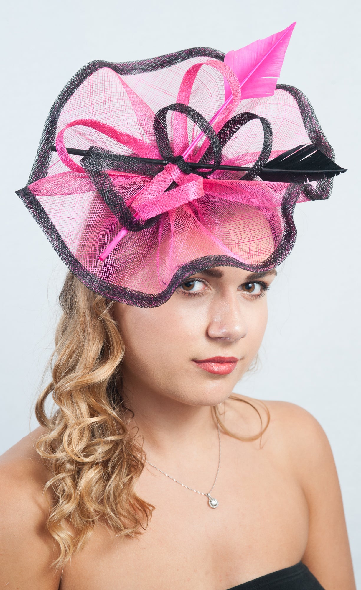 Ruffled Arrow Quill Pink & Black Fascinator