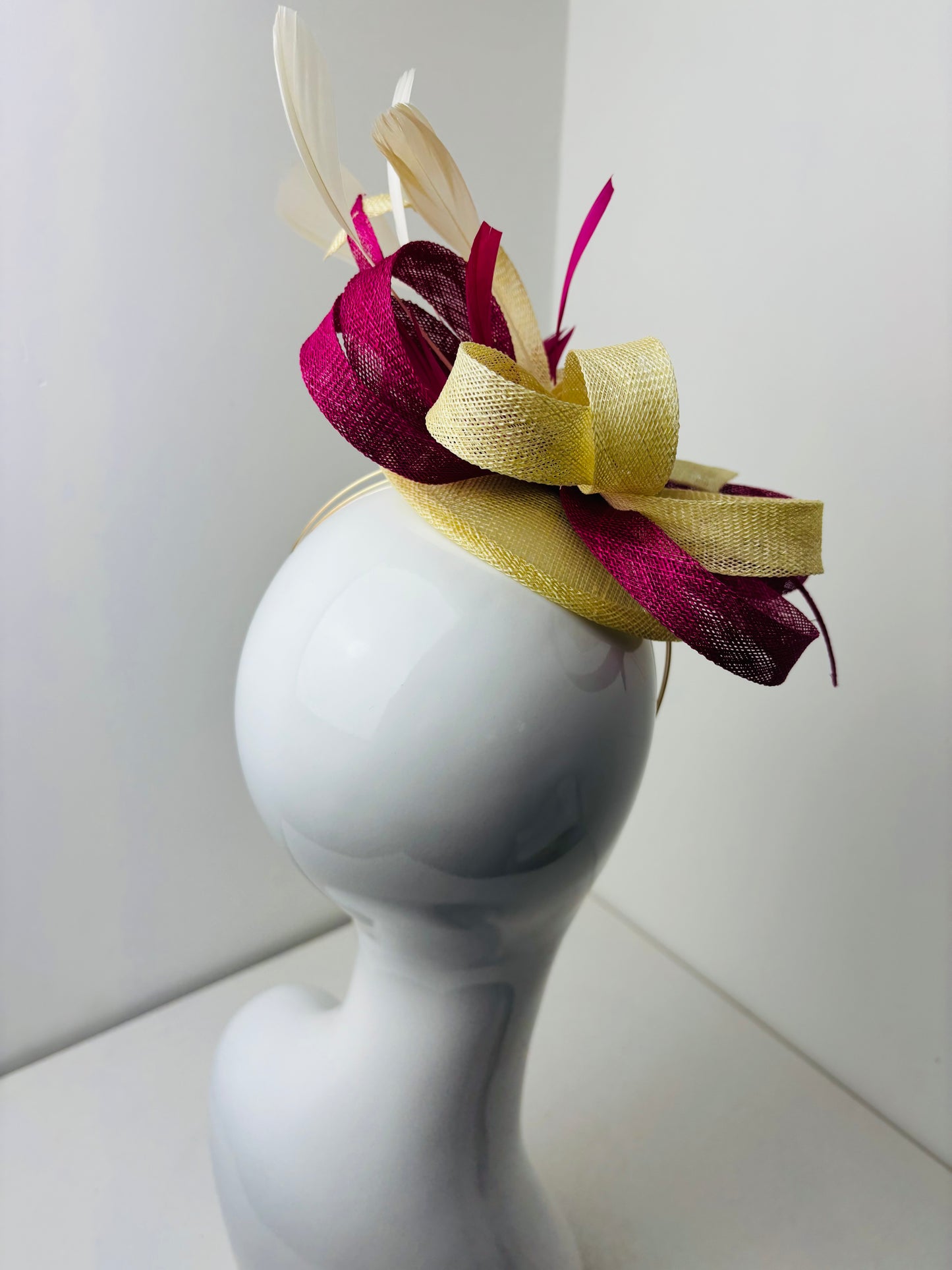 Bespoke Sinamay Sweep Butter Yellow and Fuchsia Pink Fascinator