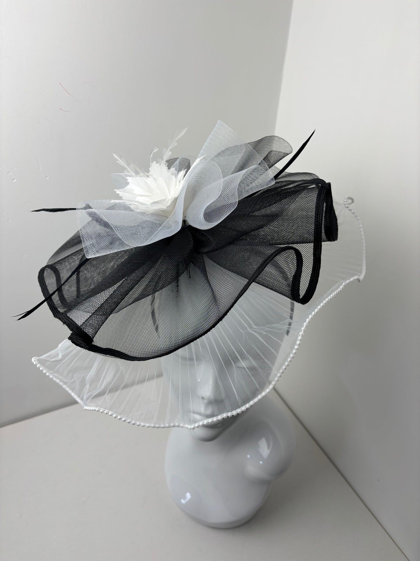 Bespoke Elegant Black and White Statement Fascinator with Pearl Trim