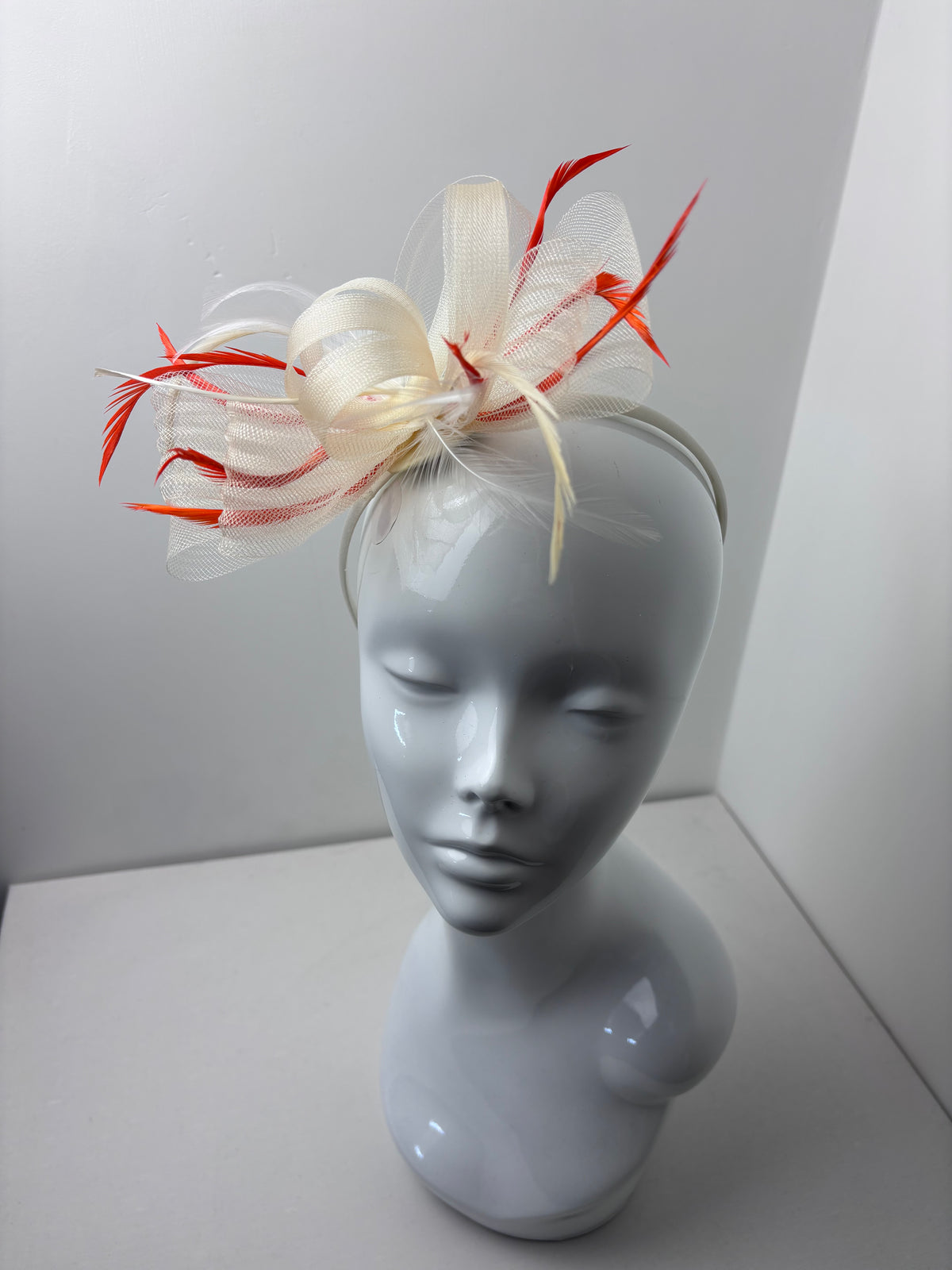 Cream & Orange Loop Feather Fascinator for Weddings