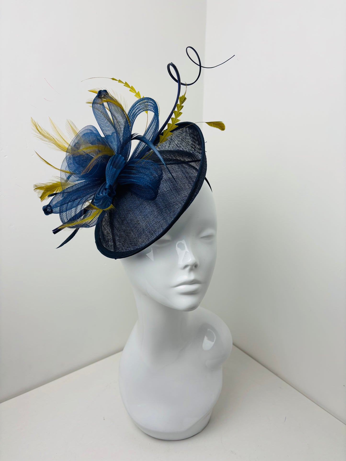 Bespoke Handmade Navy & Chartreuse Disc Feather Fascinator One Off