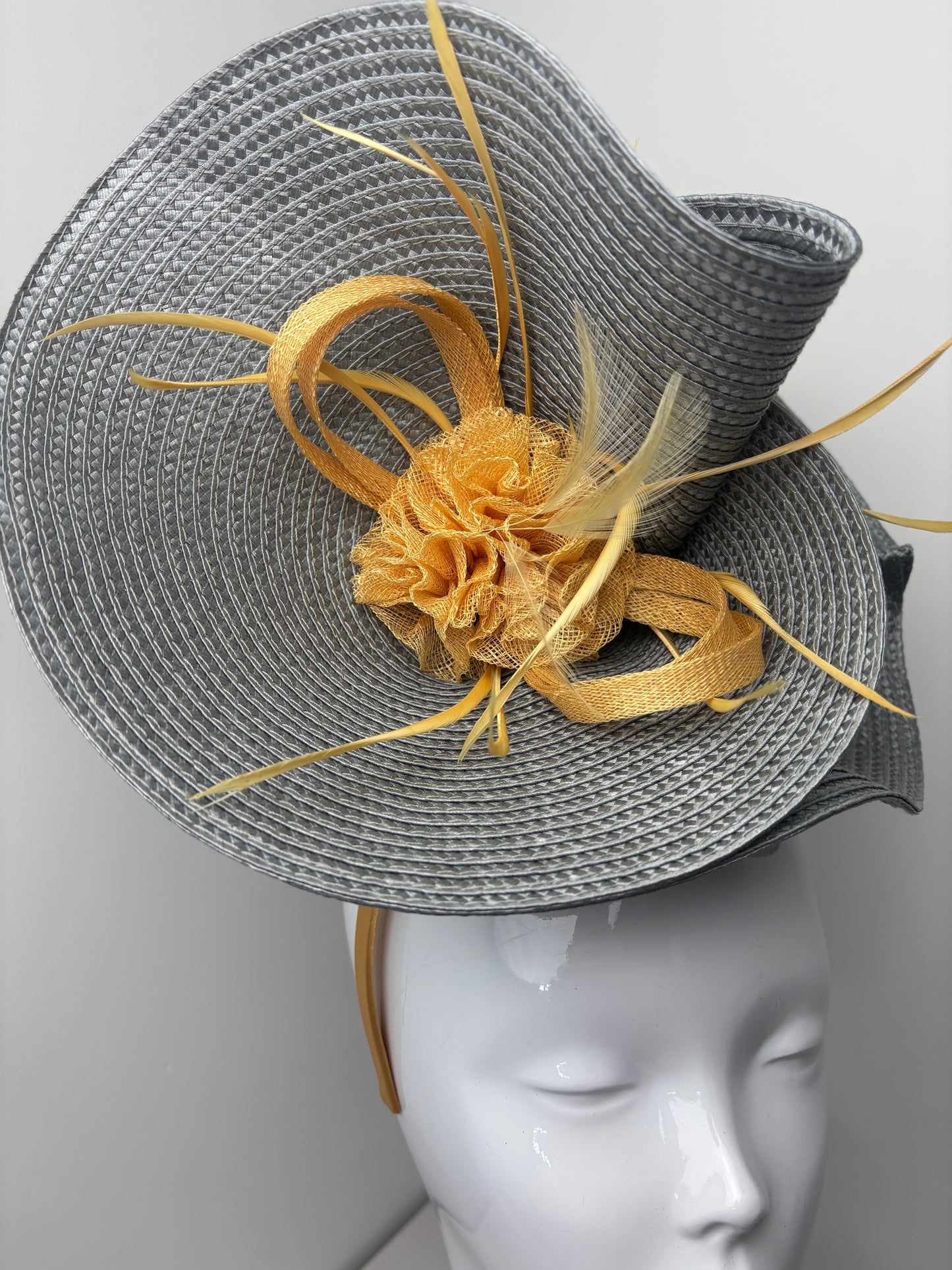 Bespoke Grey & Mustard Metallic Orbital Fascinator