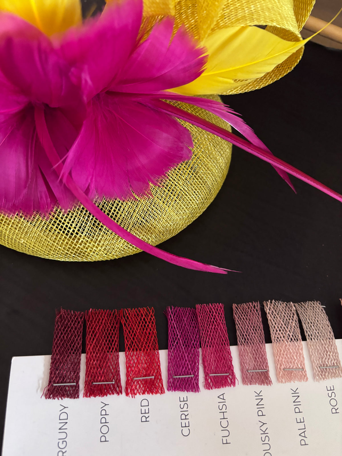 Fuchsia Pink & Yellow Fascinator – Statement Feather & Quill Wedding Guest Race Day Headpiece