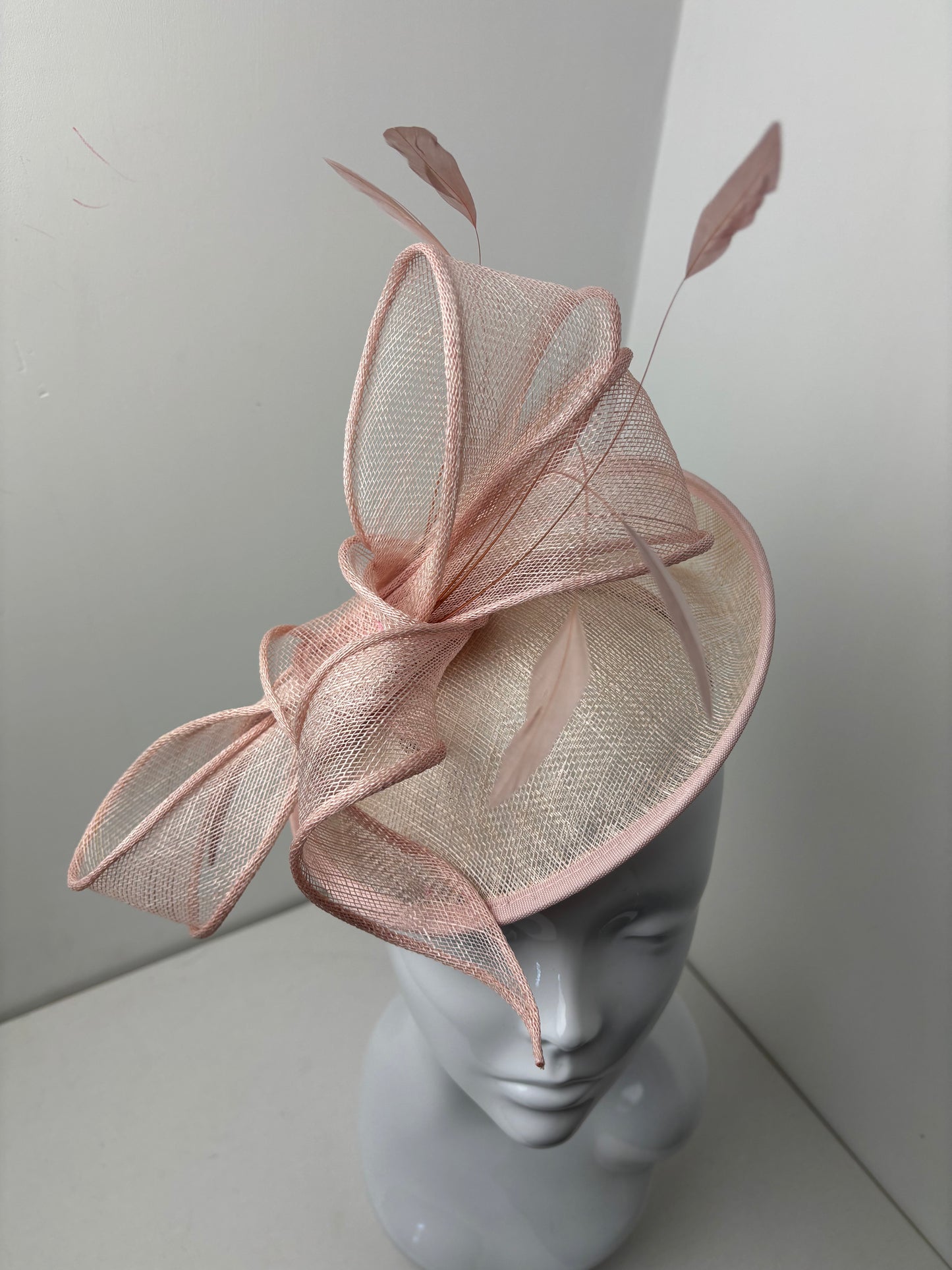 Bespoke Pale Pink Sinamay Fascinator with Handcrafted Bow & Coque Feathers