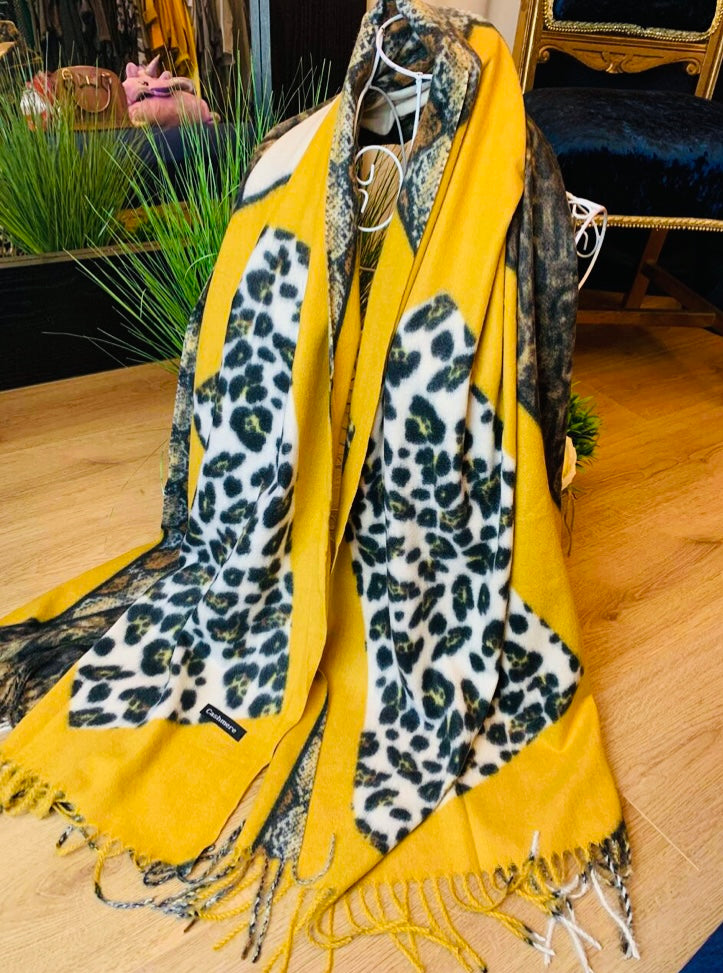 Mixed Animal Print Mustard Large Scarf