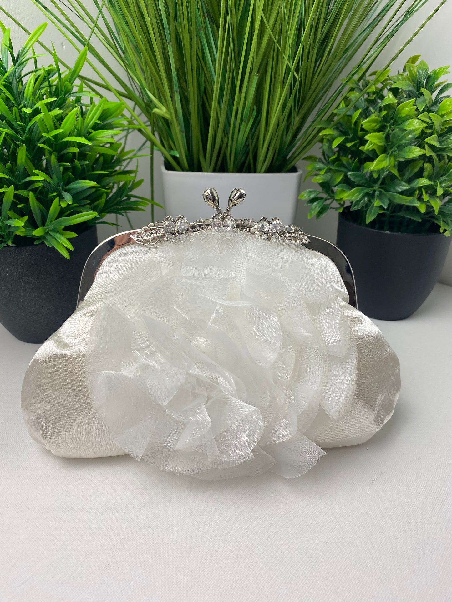 Ivory Satin 3D Floral Occasion Clutch Bag