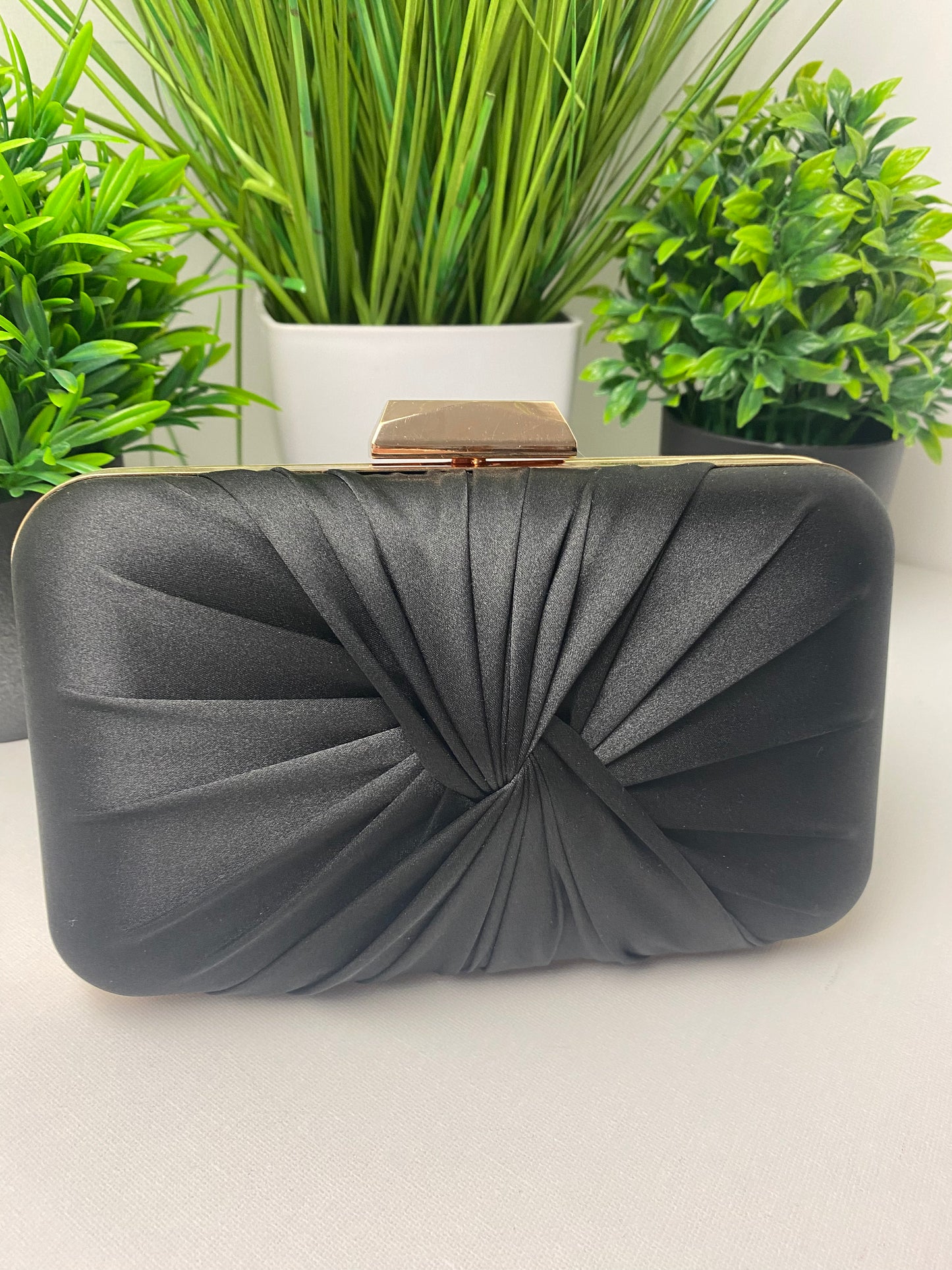 Black Satin Knot Detail Clutch Bag