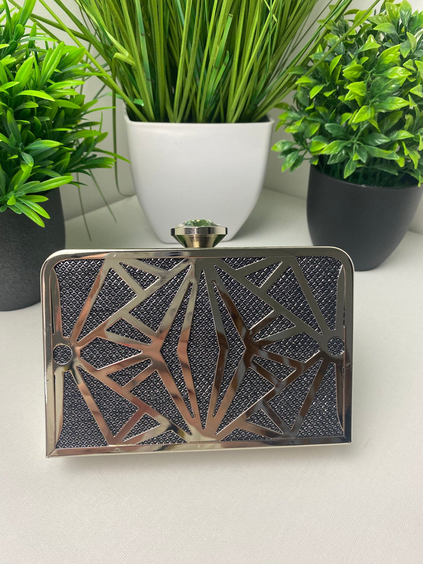 Silver & Charcoal Geometric Box Clutch Bag