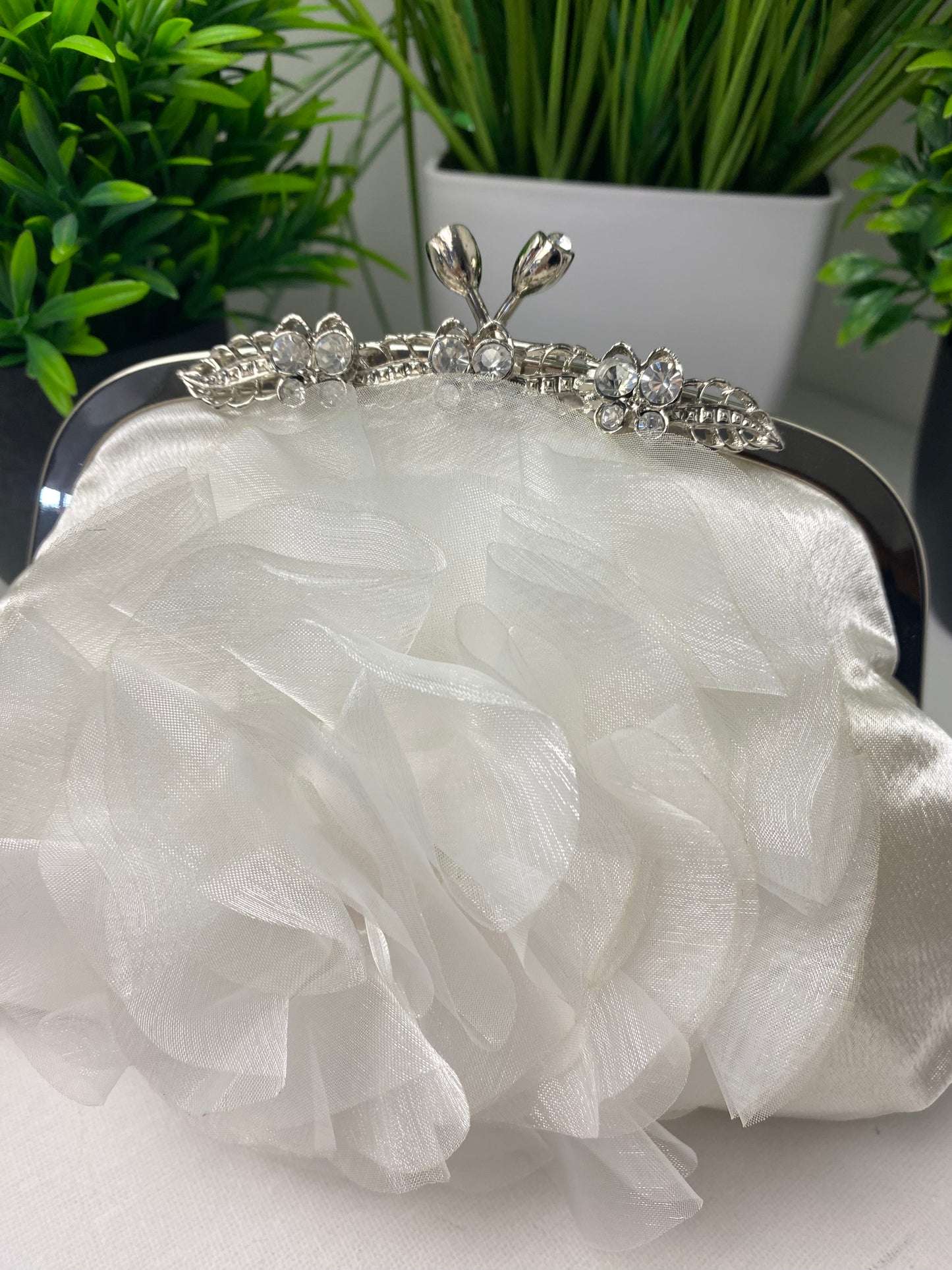 Ivory Satin 3D Floral Occasion Clutch Bag