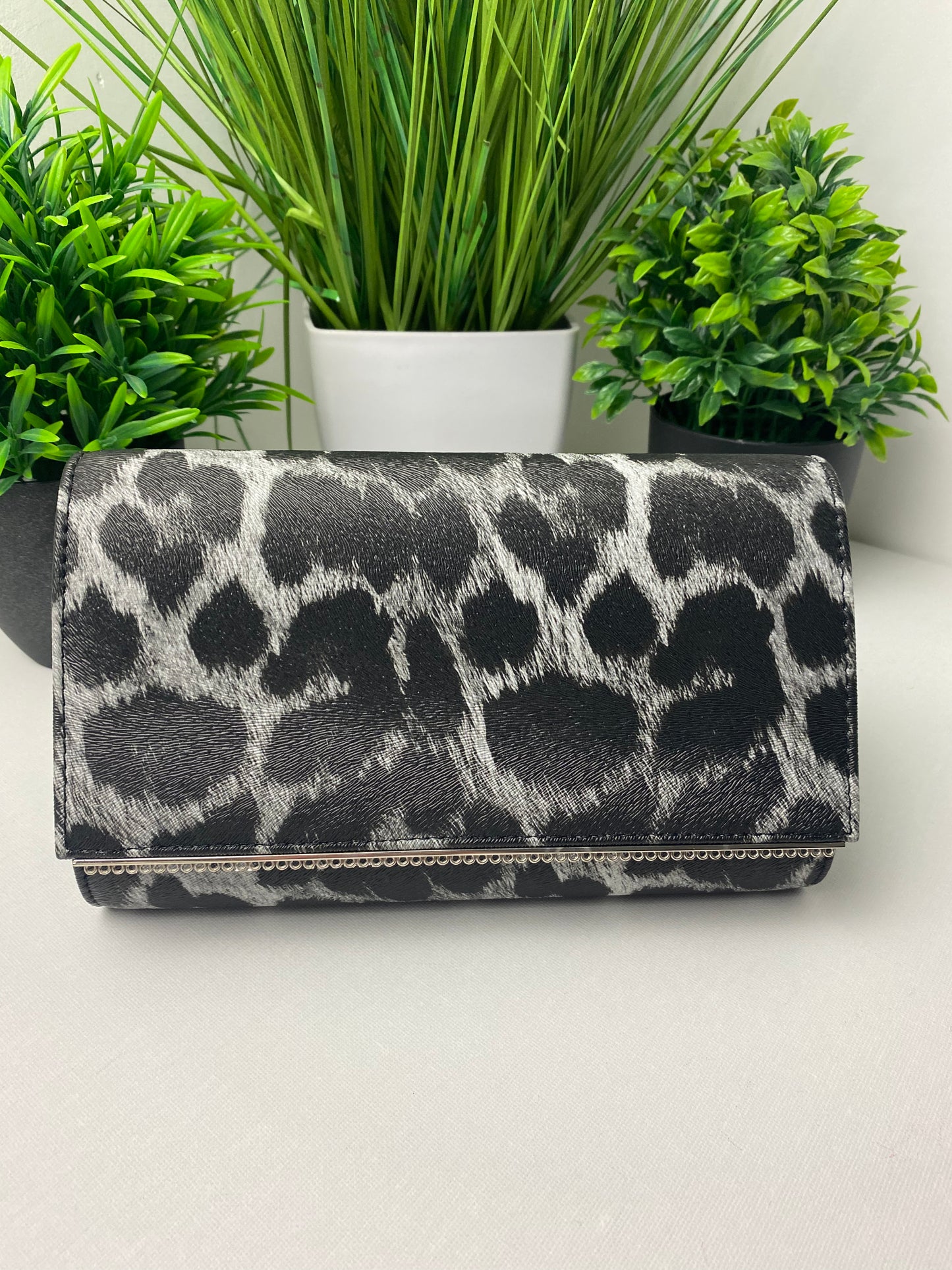 Black and Grey Leopard Print Clutch Bag