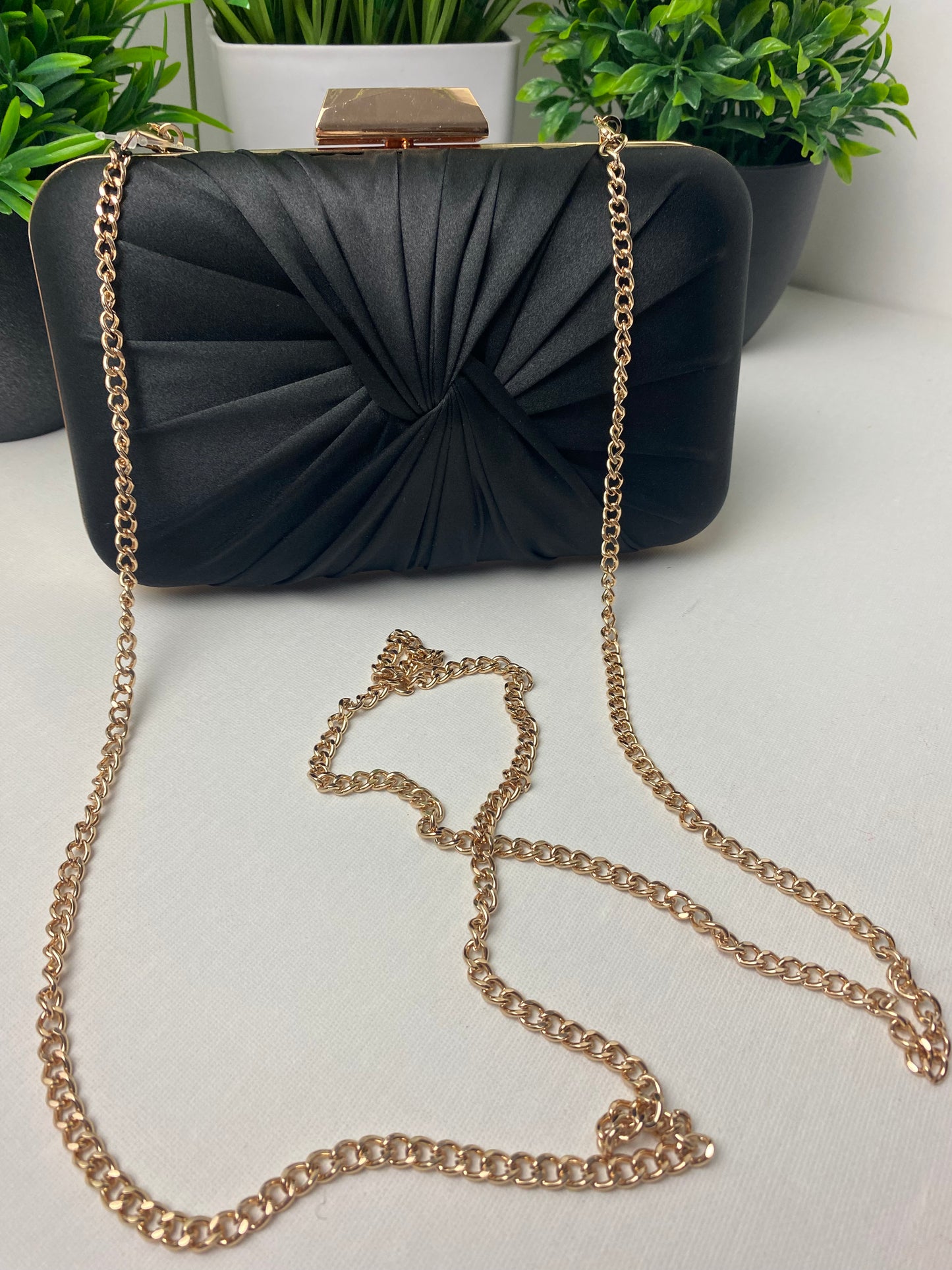 Black Satin Knot Detail Clutch Bag