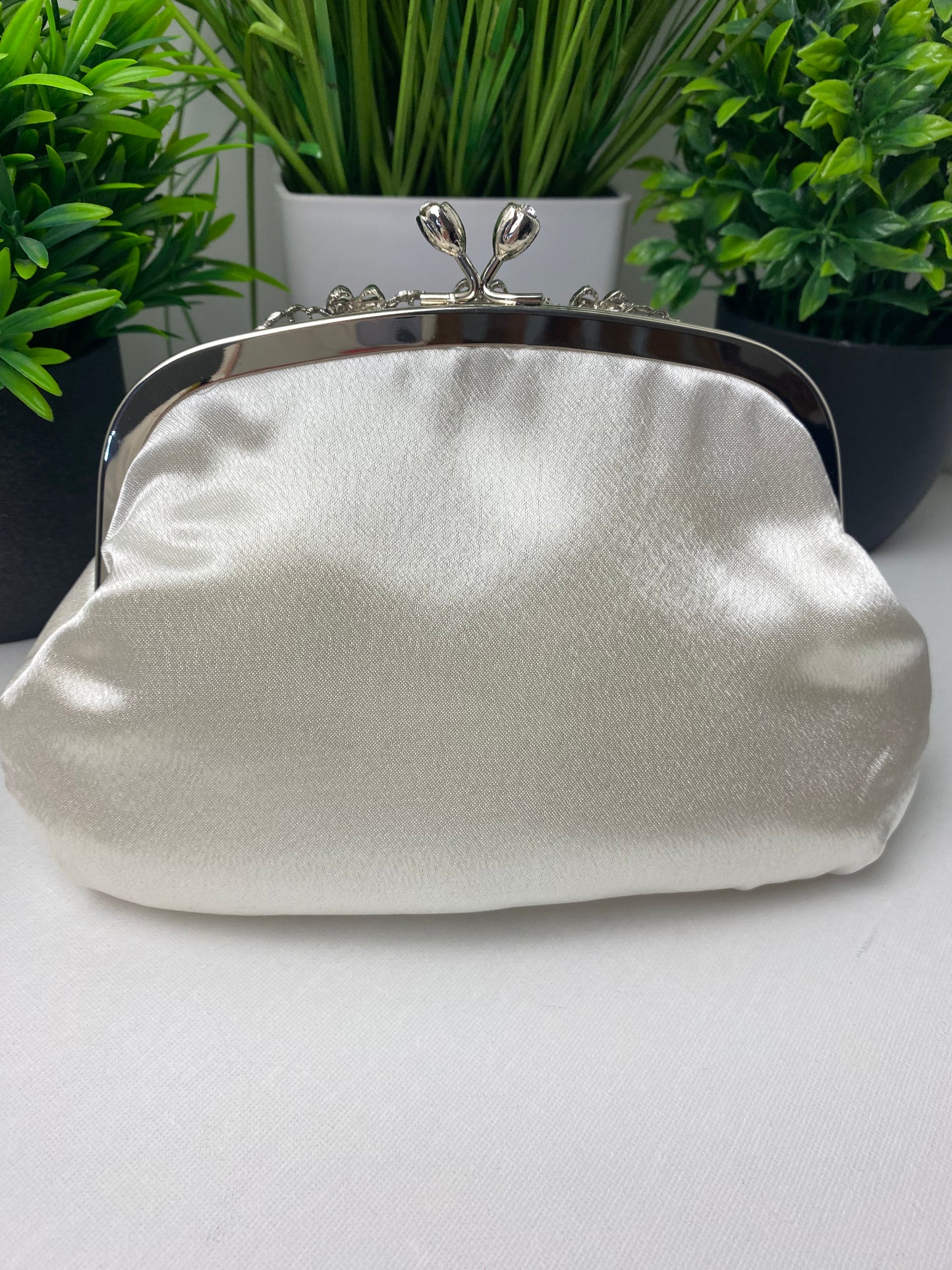 Ivory Satin 3D Floral Occasion Clutch Bag