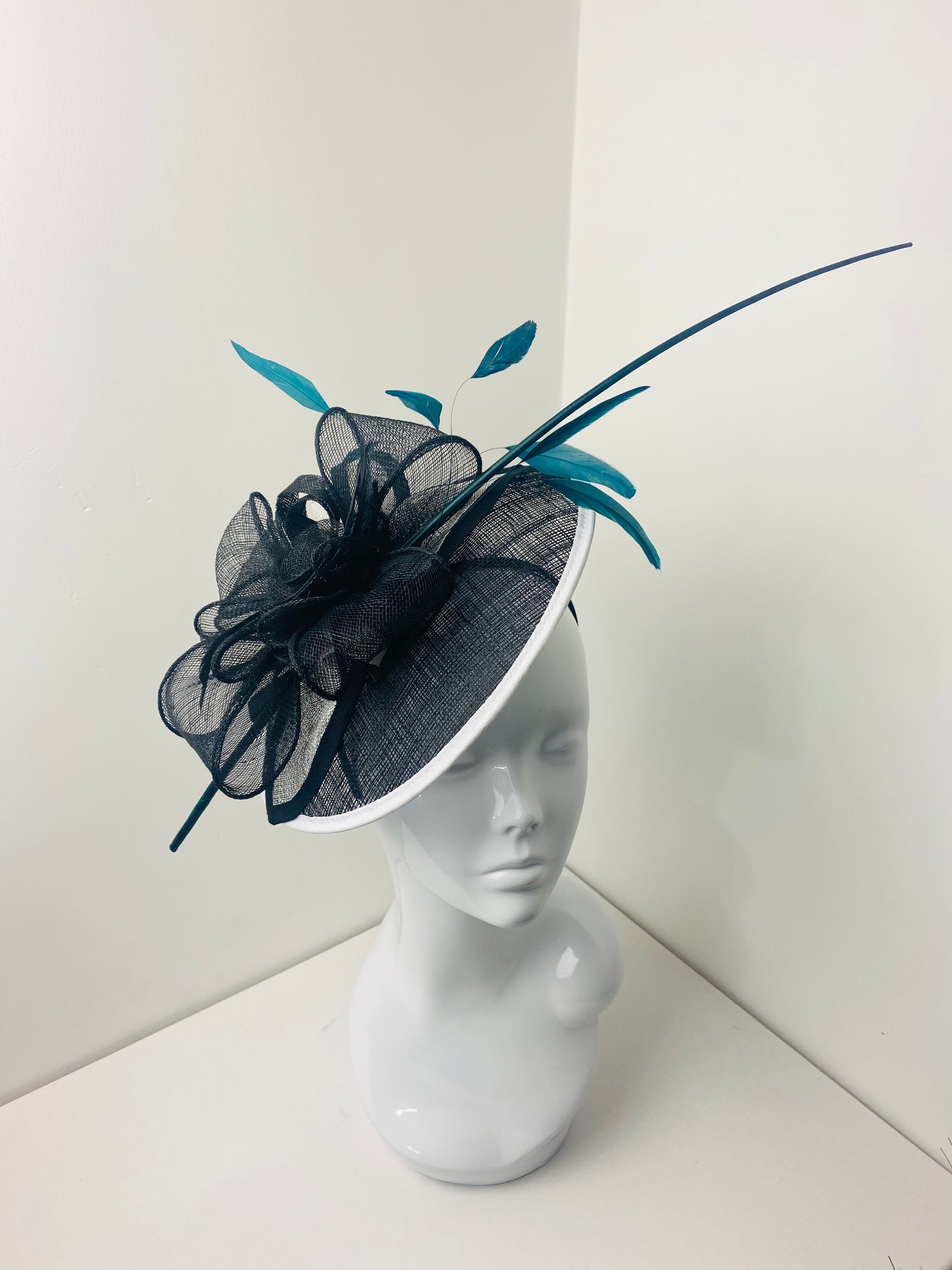 Bespoke Black & Teal Round Sinamay Fascinator