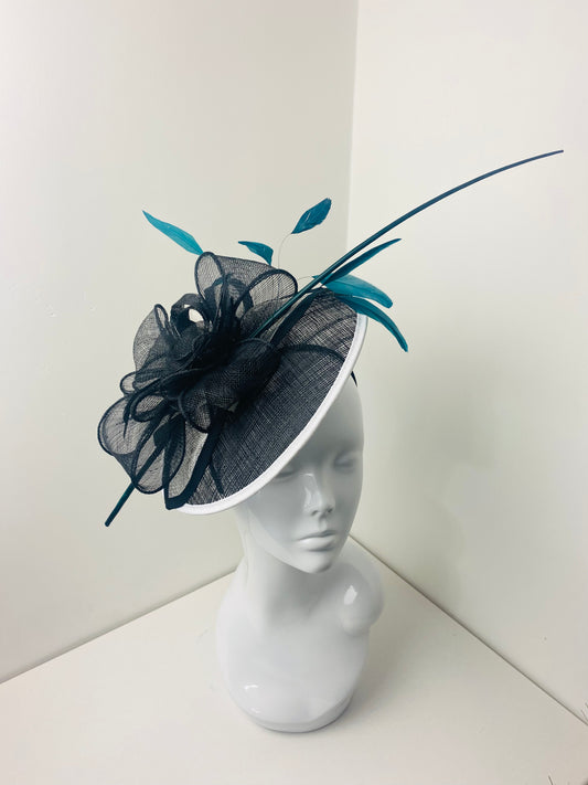 Bespoke Black & Teal Round Sinamay Fascinator