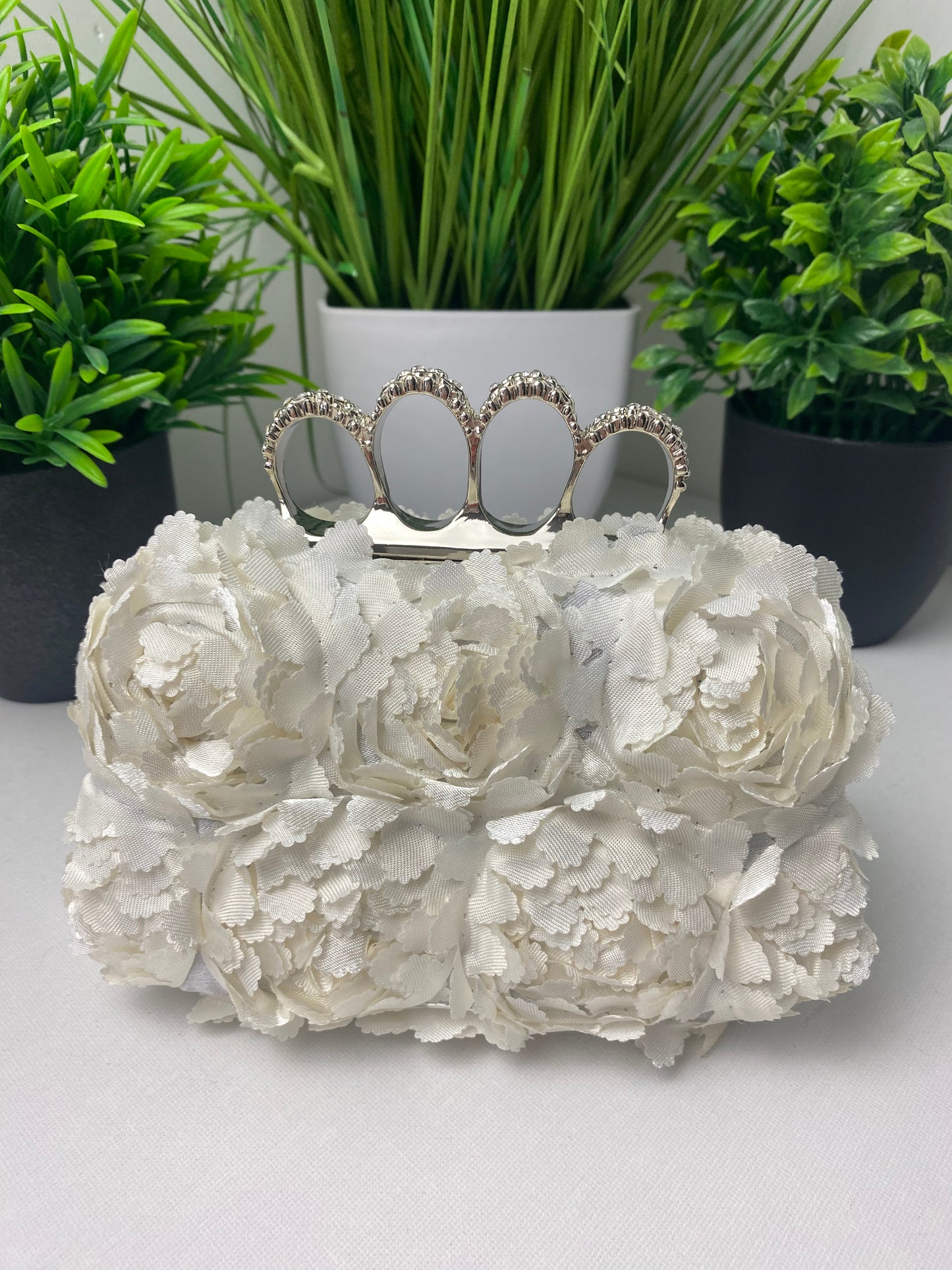 Ivory 3D Floral Diamanté Embellished Clutch Bag