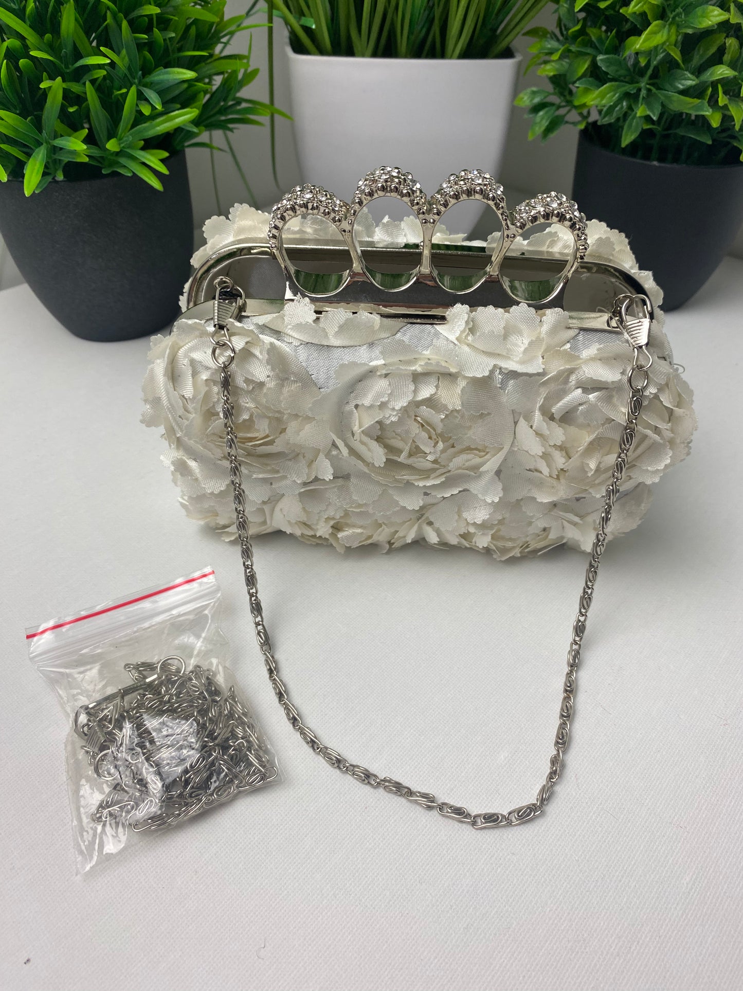 Ivory 3D Floral Diamanté Embellished Clutch Bag