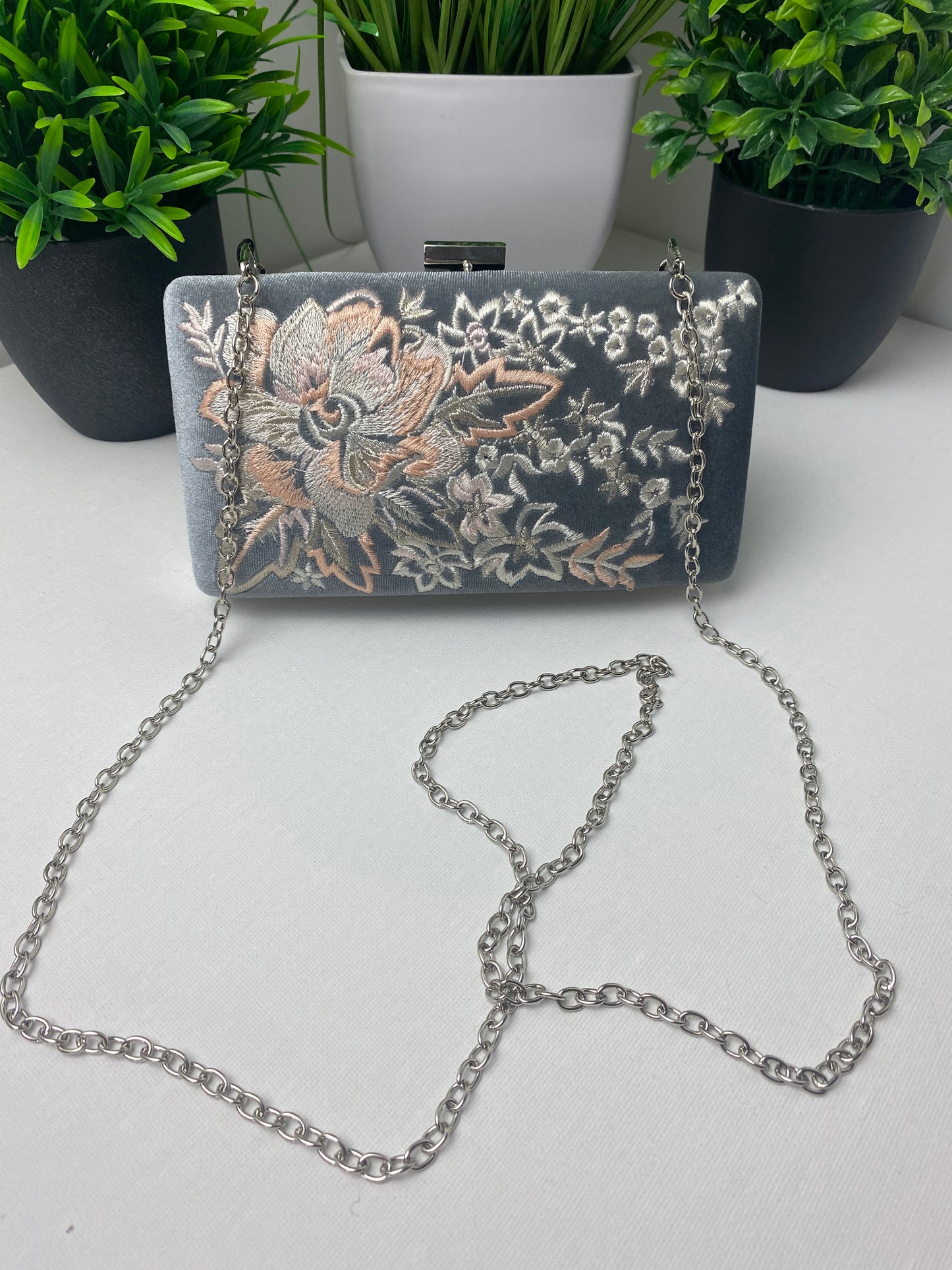 Dark Grey Embroidered Velvet Occasion Clutch