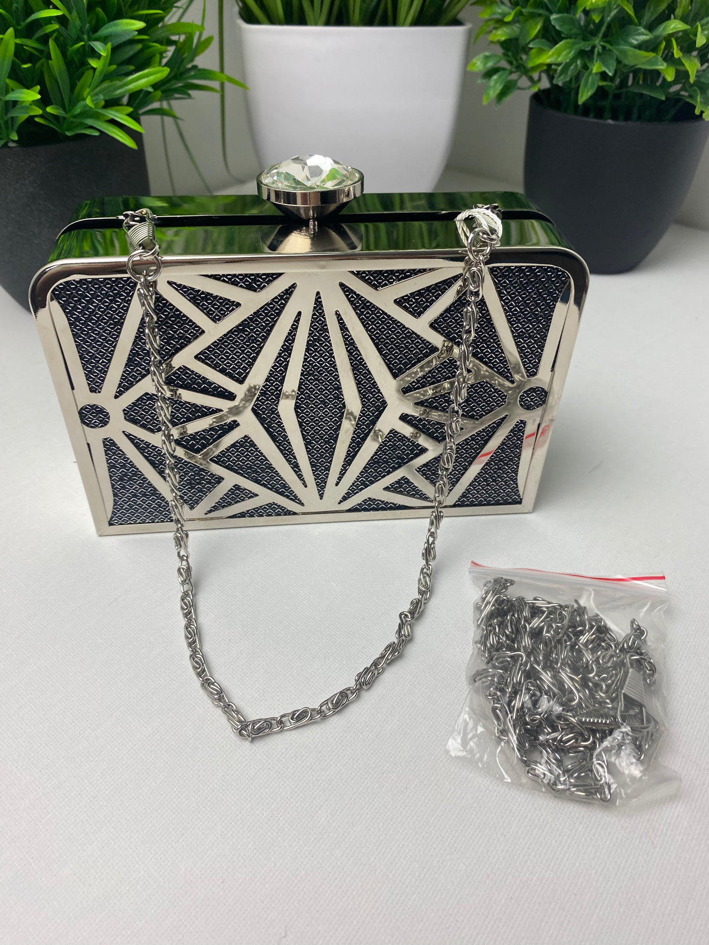Silver & Charcoal Geometric Box Clutch Bag