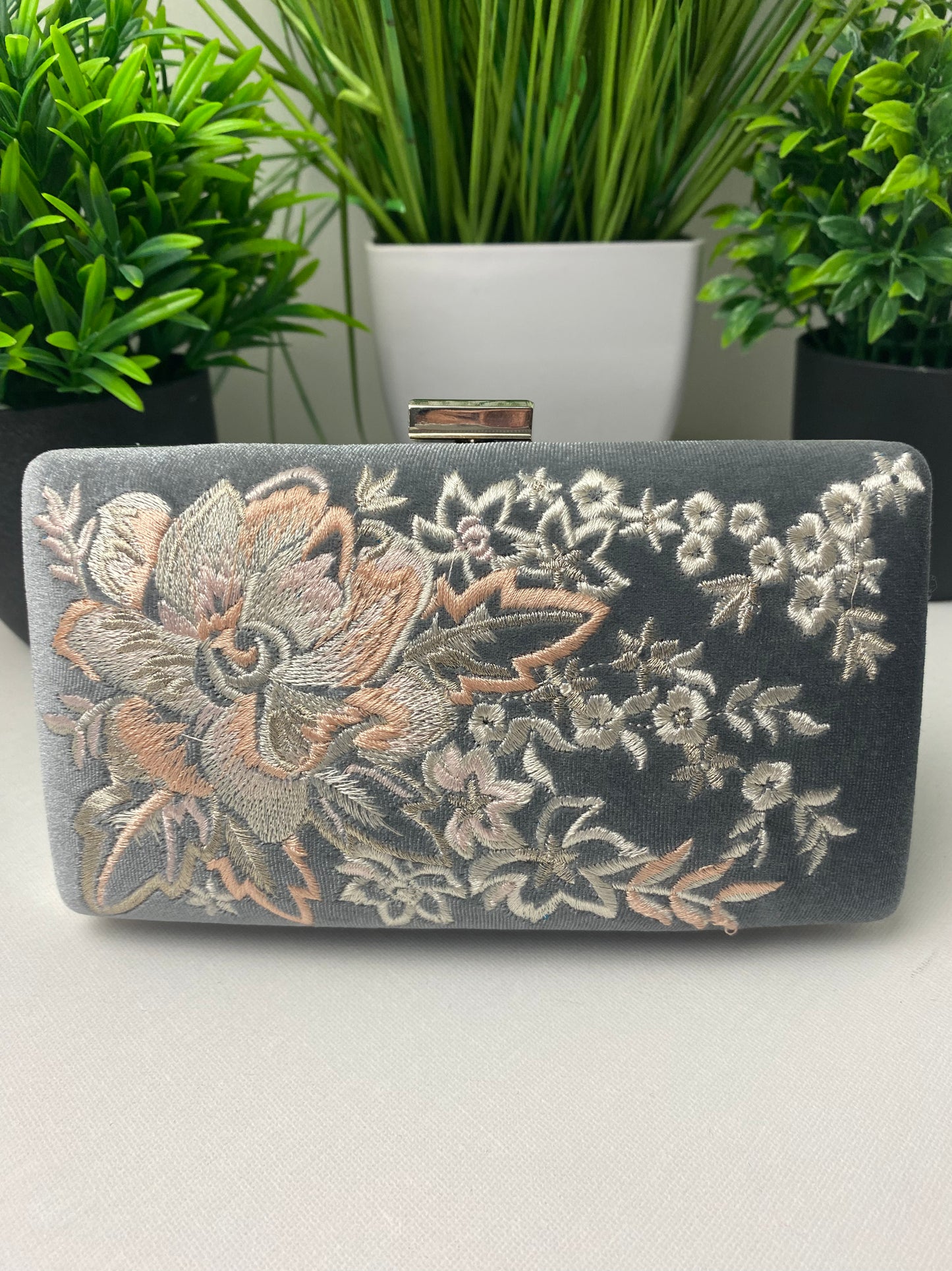 Dark Grey Embroidered Velvet Occasion Clutch