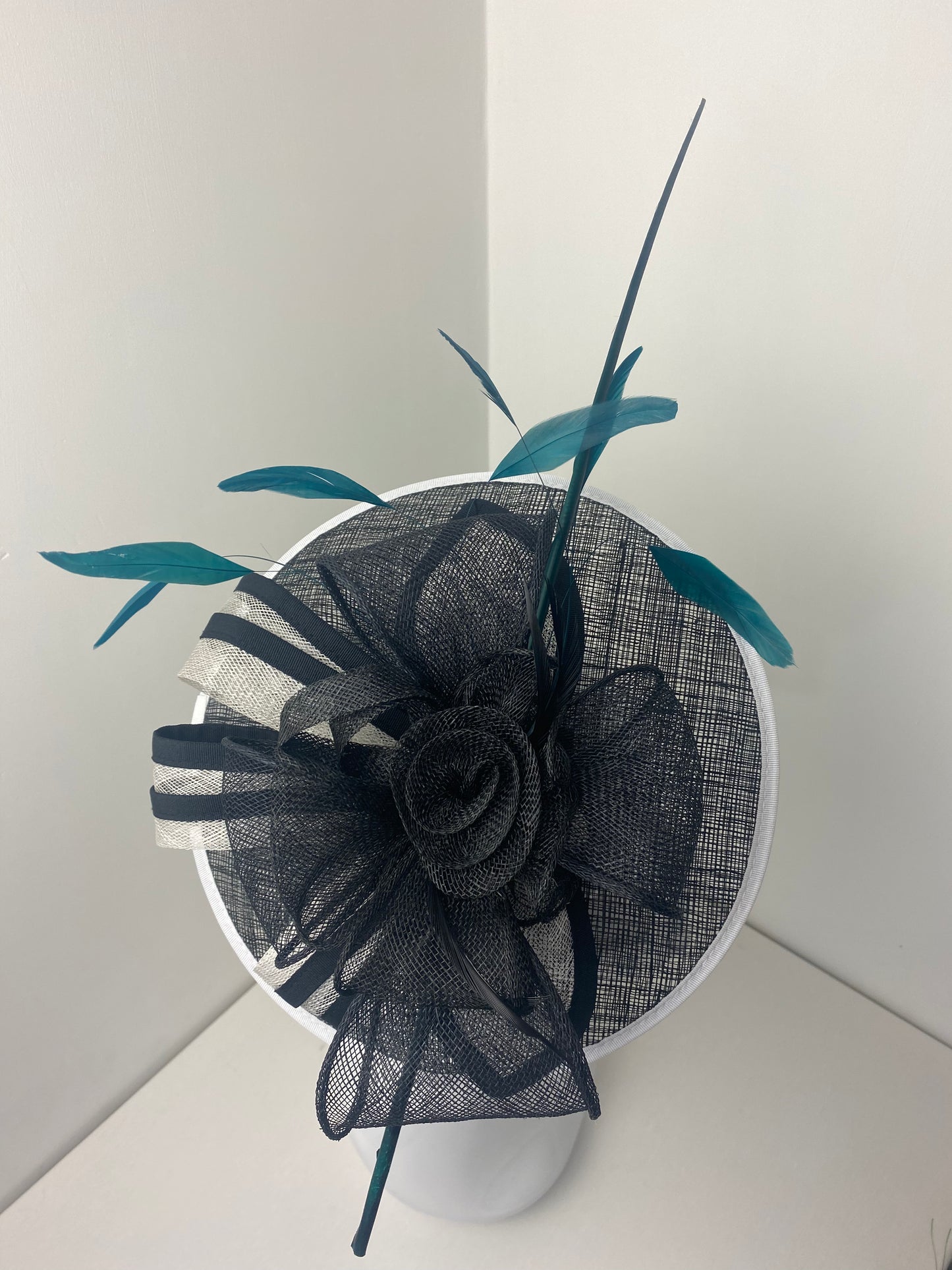 Bespoke Black & Teal Round Sinamay Fascinator