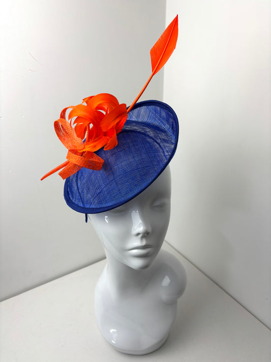 Bespoke Royal Blue & Bright Orange Statement Fascinator with Arrowhead Quill