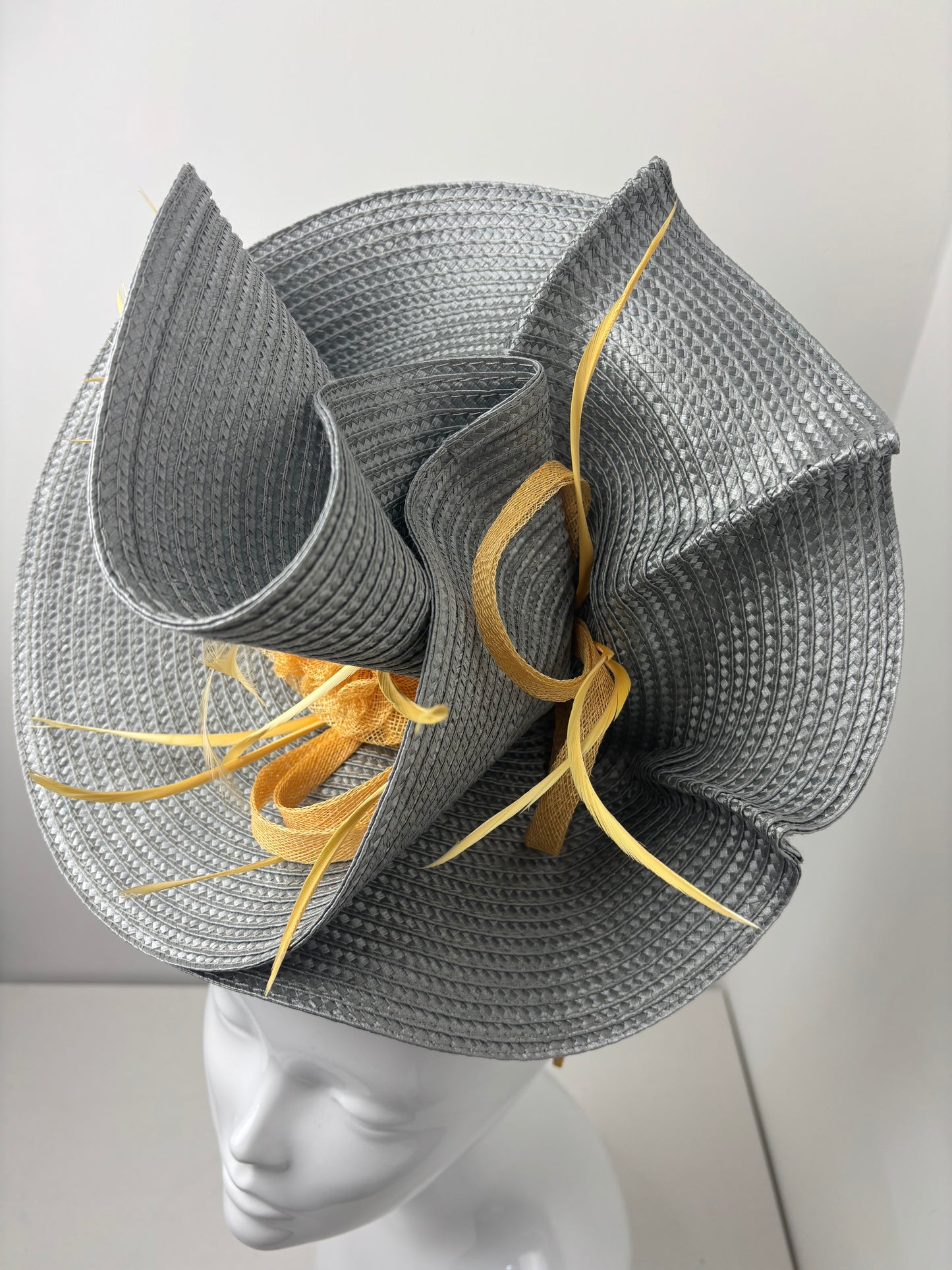 Bespoke Grey & Mustard Metallic Orbital Fascinator