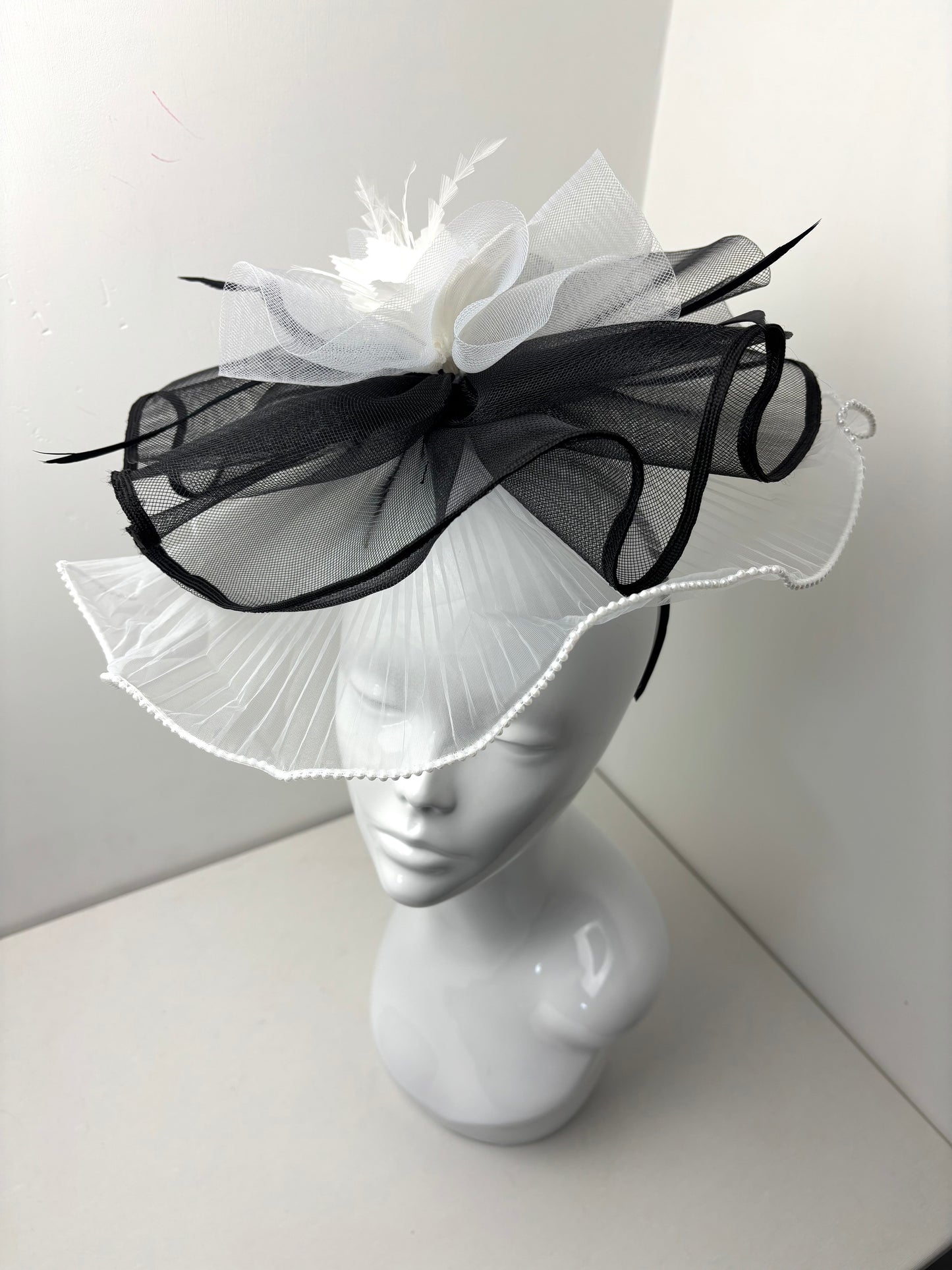 Bespoke Elegant Black and White Statement Fascinator with Pearl Trim